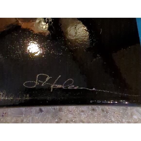 Mid Century Fused Art Glass Curved Plate Blue White Square Signed 8.5 x 8.5 x1.5 - Picture 5 of 5